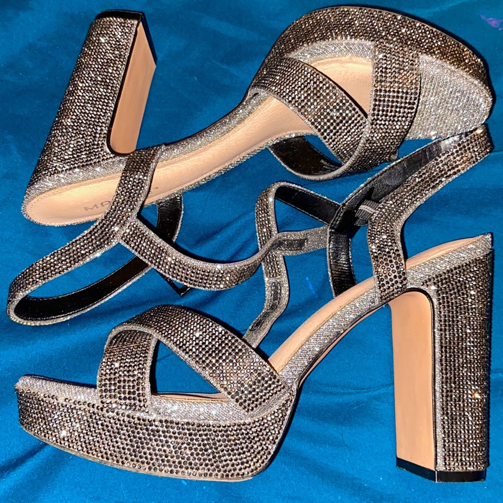 4 inch heels with grayish-black sparkles. Size 10
